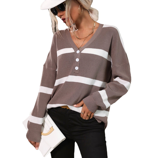 Damen Lockerer V-Ausschnitt Feinstrickpullover mit Knopfleiste und überschnittener Schulter Nord Taschen