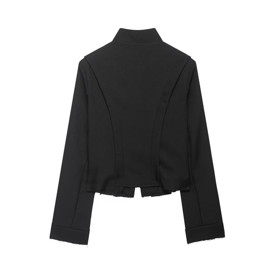 Damen Cropped‑Militärblazer mit Stehkragen, dekorativen Schlaufen und fransigem Saum Nord Taschen
