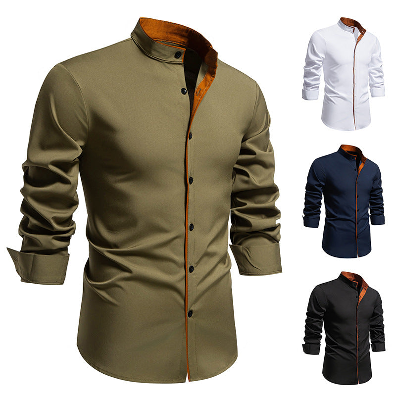 Herren Langarmhemd mit modernem Stehkragen und gesticktem Detail