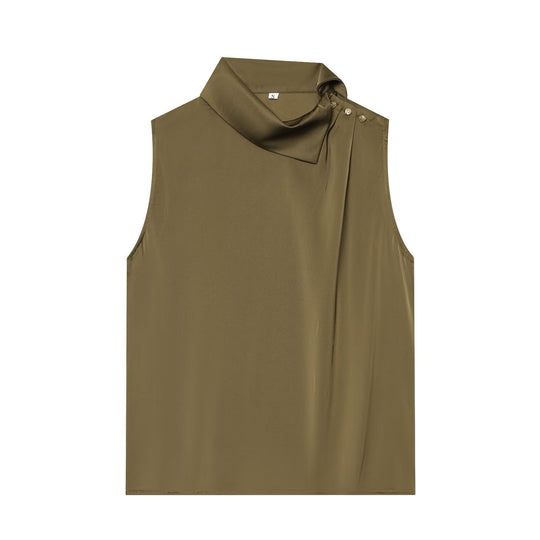Damen Ärmellose Satinbluse mit drapiertem Stehkragen und Zierknopfleiste Nord Taschen