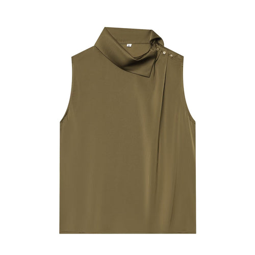 Damen Ärmellose Satinbluse mit drapiertem Stehkragen und Zierknopfleiste Nord Taschen