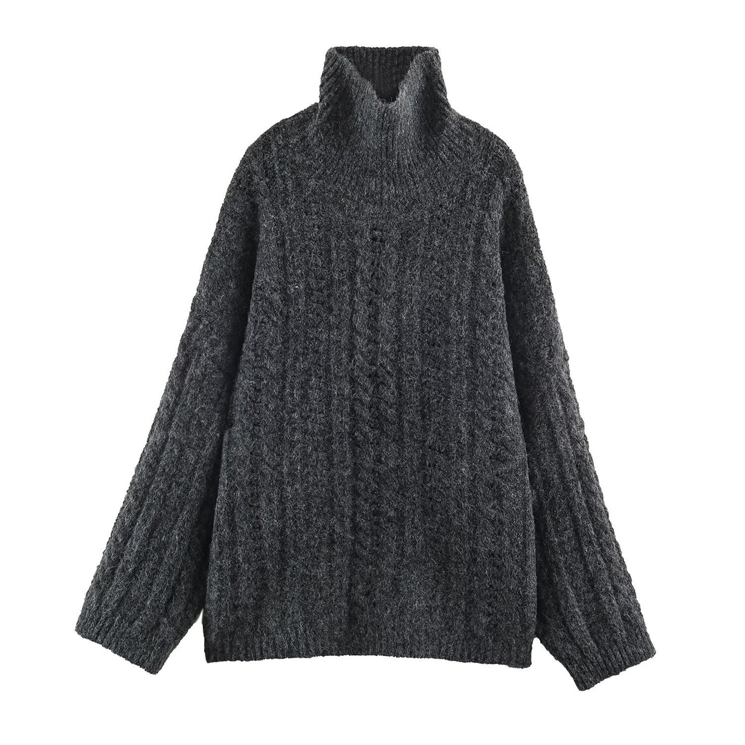 Damen Grobgestrickter Oversize-Pullover mit hohem Rollkragen und Zopfmuster Nord Taschen