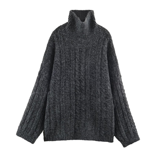 Damen Grobgestrickter Oversize-Pullover mit hohem Rollkragen und Zopfmuster Nord Taschen