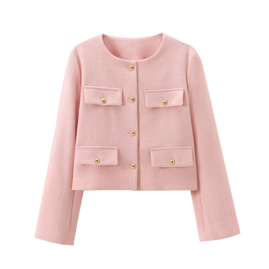 Damen Bouclé-Cropped-Jacke mit vier Pattentaschen und goldenen Schmuckknöpfen Nord Taschen