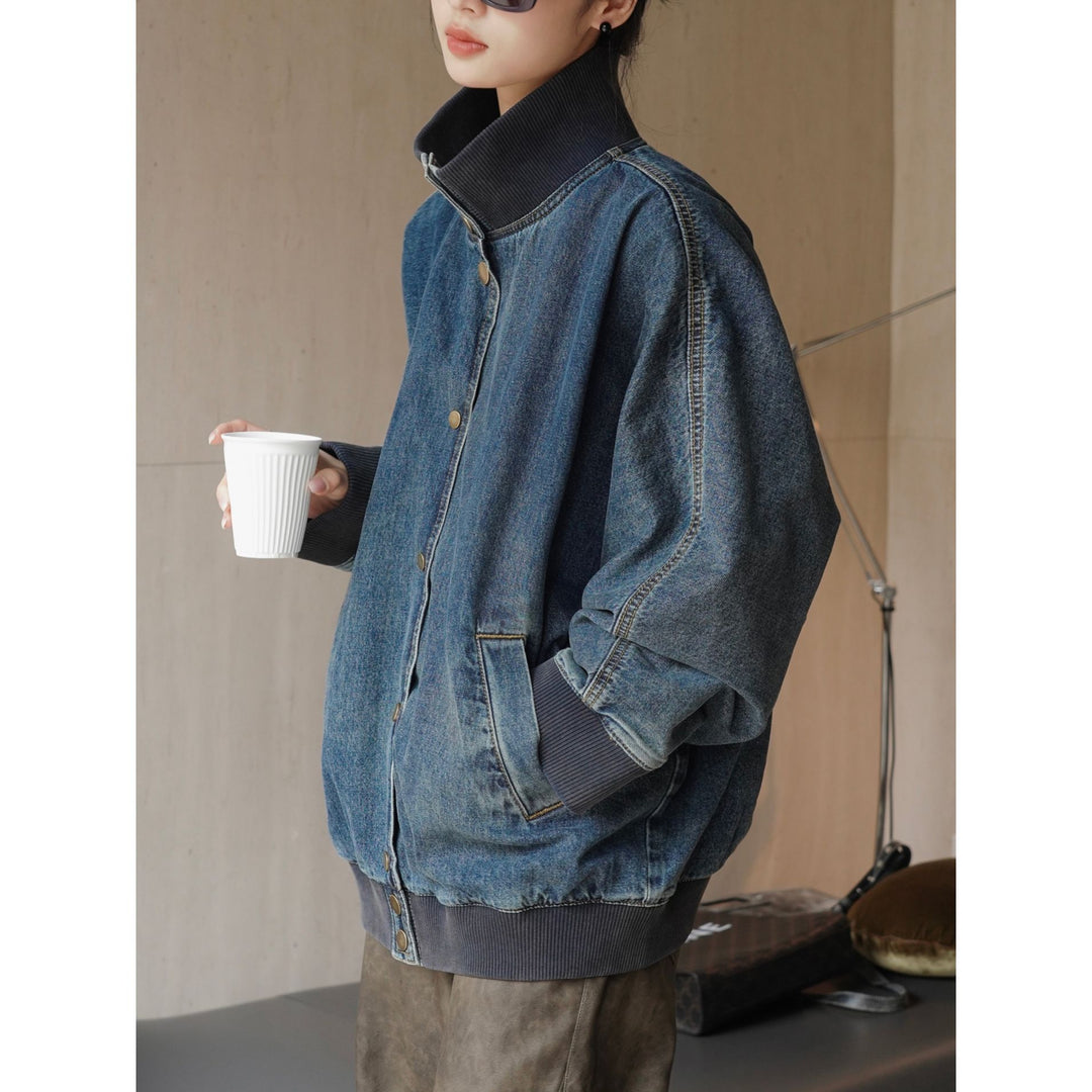 Damen Oversized Jeans-Bomberjacke mit Rippkragen und Druckknopffront Nord Taschen