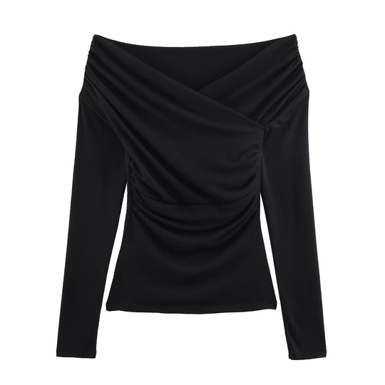 Damen Schulterfreies gerafftes Langarmtop mit Wickel‑Drapierung Nord Taschen