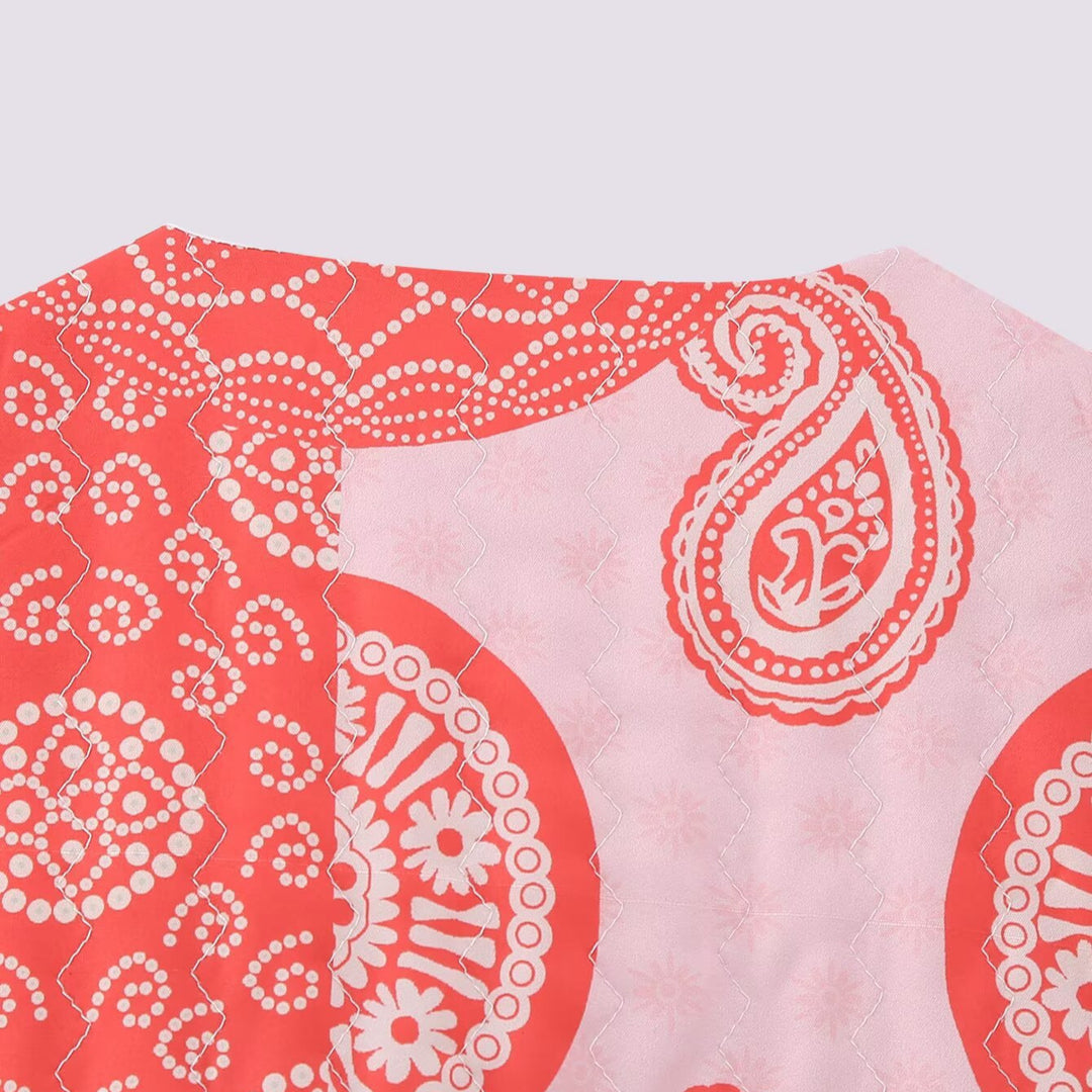 Damen Ärmellose Kurz-Weste mit Patchwork-Print, dekorativer Bordüre und Rundhalsausschnitt Nord Taschen