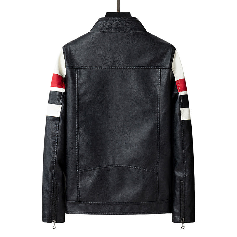 Herren Biker-Lederjacke im Racing-Look mit Kontraststreifen und Stehkragen Nord Taschen