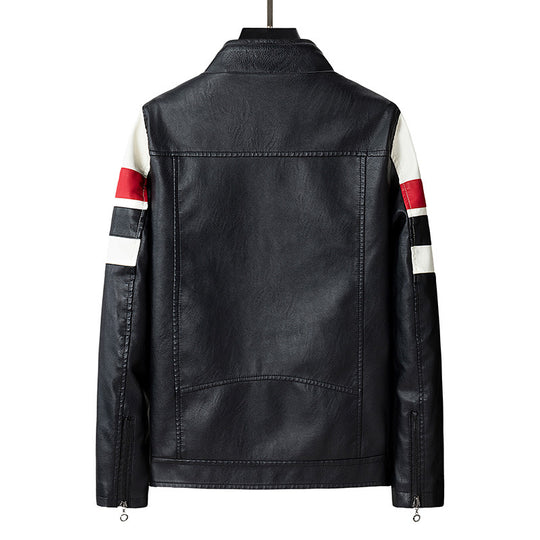 Herren Biker-Lederjacke im Racing-Look mit Kontraststreifen und Stehkragen Nord Taschen