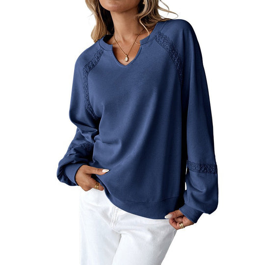 Damen Sweatshirt mit Spitzen-Einsätzen, V‑Kerbe und Ballonärmeln Nord Taschen