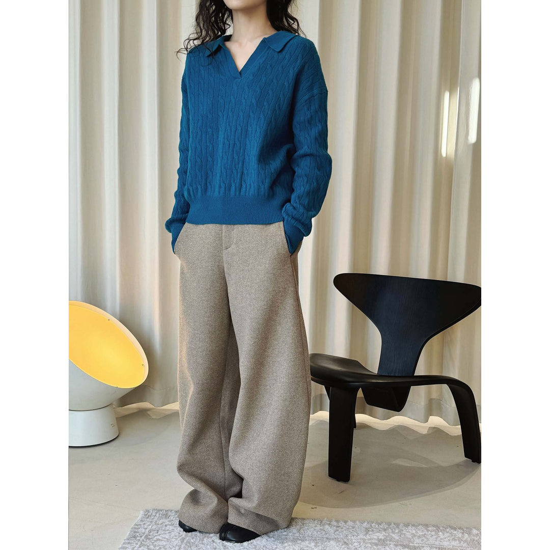 Damen Strickpullover mit Polokragen, V-Ausschnitt und Zopfmuster Nord Taschen
