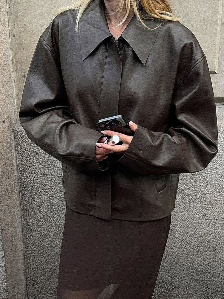 Damen Cropped Boxy Jacke aus Lederimitat mit übergroßem Kragen und verdeckter Reißverschlussleiste Nord Taschen