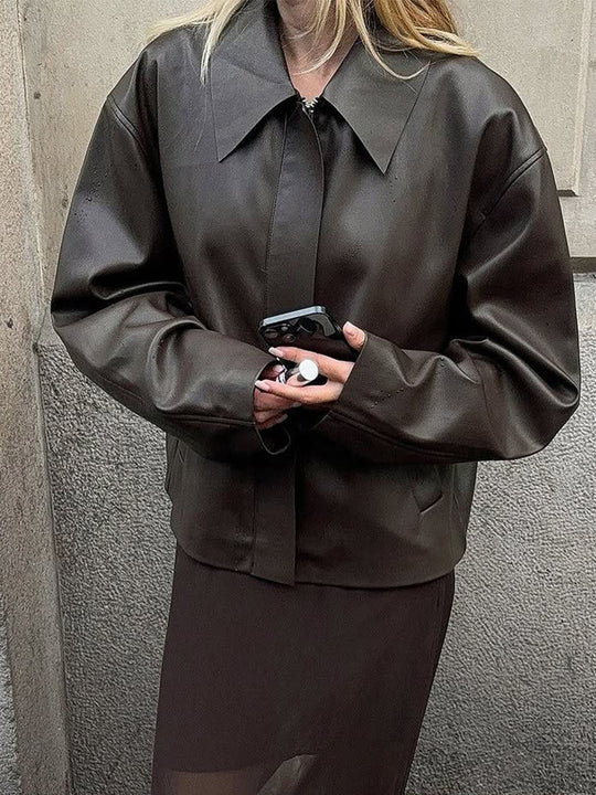 Damen Cropped Boxy Jacke aus Lederimitat mit übergroßem Kragen und verdeckter Reißverschlussleiste Nord Taschen
