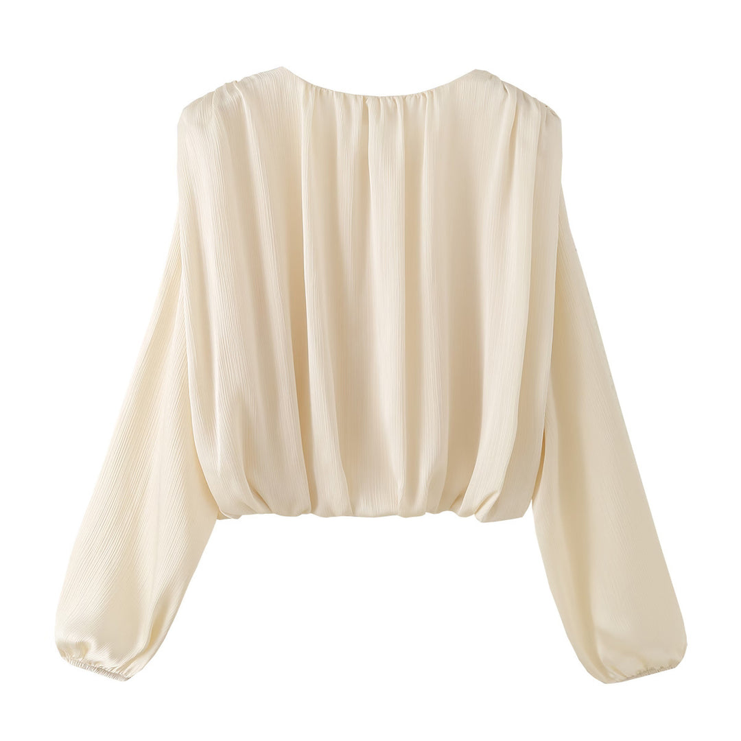 Damen Leichte Plissée-Cropped-Bluse mit Tunnelzugkragen und Ballonärmeln Nord Taschen