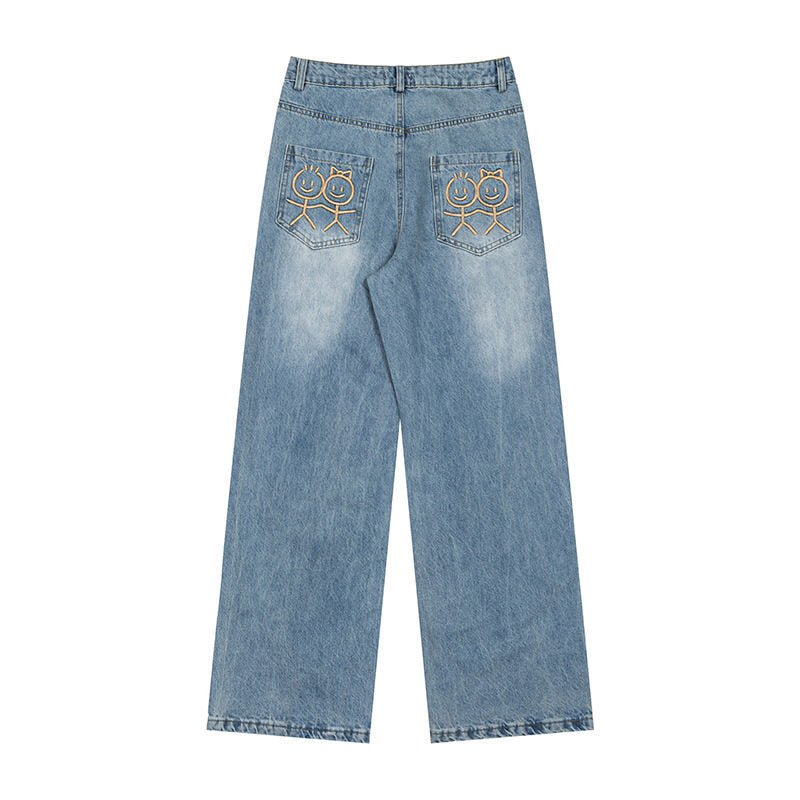 Damen Weite High‑Waist-Jeans mit geradem, weitem Bein und Stickerei auf Gesäßtaschen Nord Taschen