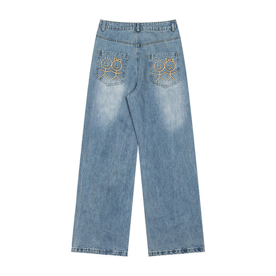 Damen Weite High‑Waist-Jeans mit geradem, weitem Bein und Stickerei auf Gesäßtaschen Nord Taschen