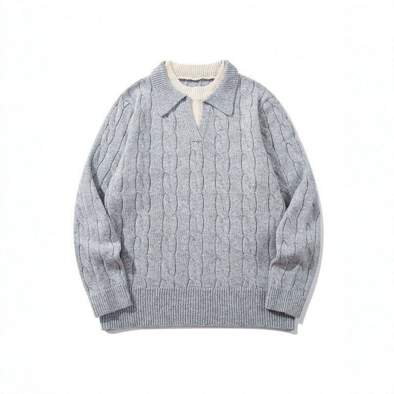 Herren Grobgestrickter Zopfmuster-Pullover mit Polokragen und V‑Ausschnitt Nord Taschen
