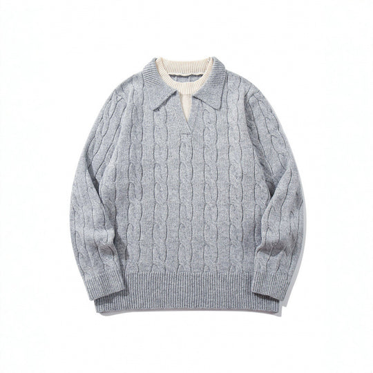 Herren Grobgestrickter Zopfmuster-Pullover mit Polokragen und V‑Ausschnitt Nord Taschen