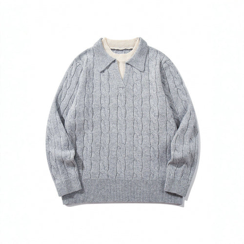 Herren Grobgestrickter Zopfmuster-Pullover mit Polokragen und V‑Ausschnitt Nord Taschen