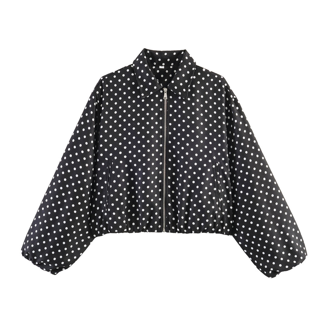 Damen Kurzjacke im Harrington‑Stil mit Polka‑Dot‑Muster, Ballonärmeln und elastischem Saum Nord Taschen