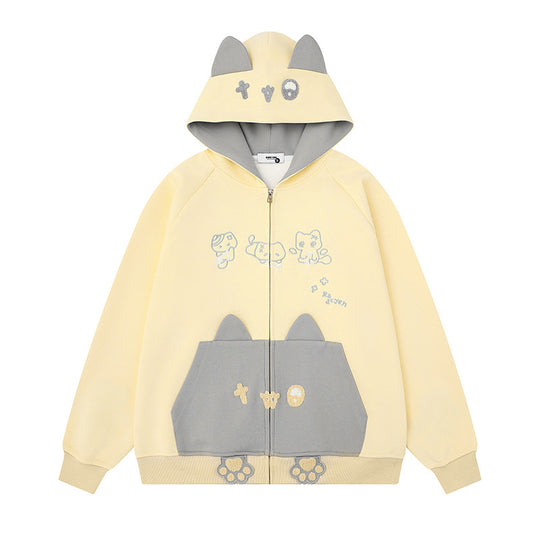 Damen Kapuzen-Sweatjacke mit Ohren, durchgehendem Reißverschluss, Kängurutasche mit Pfoten‑Applikation und verspielten Stickereien Nord Taschen