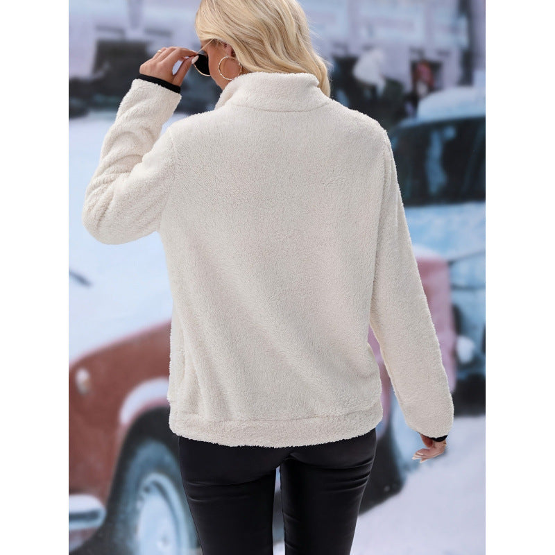 Damen flauschiger Fleece-Kuschelpullover mit halbem Reißverschluss, Kängurutasche und Stehkragen Nord Taschen