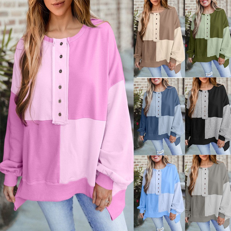 Damen Oversize-Longsleeve-Sweatshirt im Colorblock mit Henley-Knopfleiste und Ballonärmeln Nord Taschen