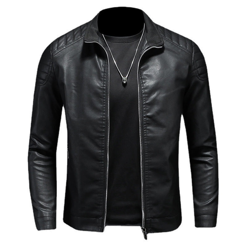 Herren schlank geschnittene Kunstleder-Motojacke mit Stehkragen und gesteppter Schulterpasse Nord Taschen