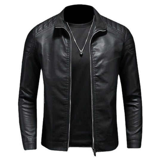 Herren schlank geschnittene Kunstleder-Motojacke mit Stehkragen und gesteppter Schulterpasse Nord Taschen