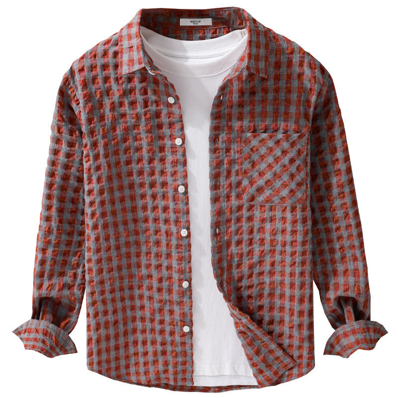 Herren Leichtes Crinkle-Karo-Overshirt aus Baumwollmix mit aufgesetzter Brusttasche Nord Taschen