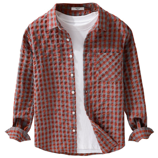 Herren Leichtes Crinkle-Karo-Overshirt aus Baumwollmix mit aufgesetzter Brusttasche Nord Taschen