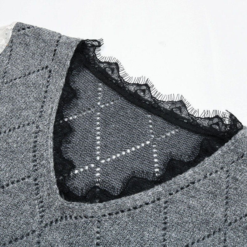 Damen Lässiger Feinstrickpullover mit Ajour‑Rautenmuster, transparenten Spitzenärmeln und gerippten Bündchen Nord Taschen