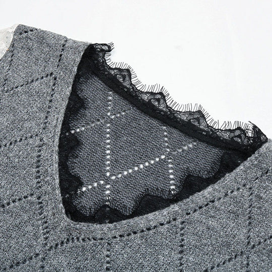 Damen Lässiger Feinstrickpullover mit Ajour‑Rautenmuster, transparenten Spitzenärmeln und gerippten Bündchen Nord Taschen