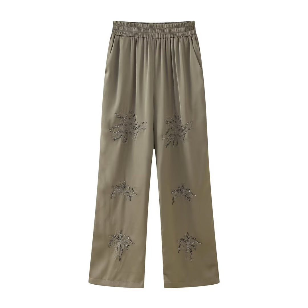 Damen Elegante Satinhose im Palazzo‑Schnitt mit elastischem Umschlagbund und floraler Zierstickerei Nord Taschen