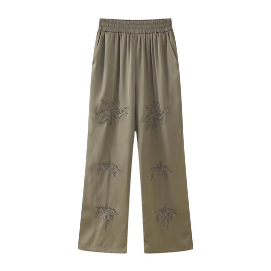 Damen Elegante Satinhose im Palazzo‑Schnitt mit elastischem Umschlagbund und floraler Zierstickerei Nord Taschen