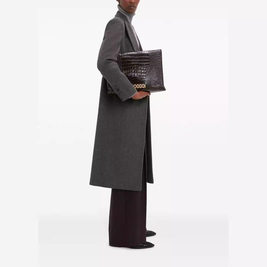 Damen Doppelreihiger Longcoat im Tailoring‑Look mit schmaler Silhouette und markanter Schulter Nord Taschen