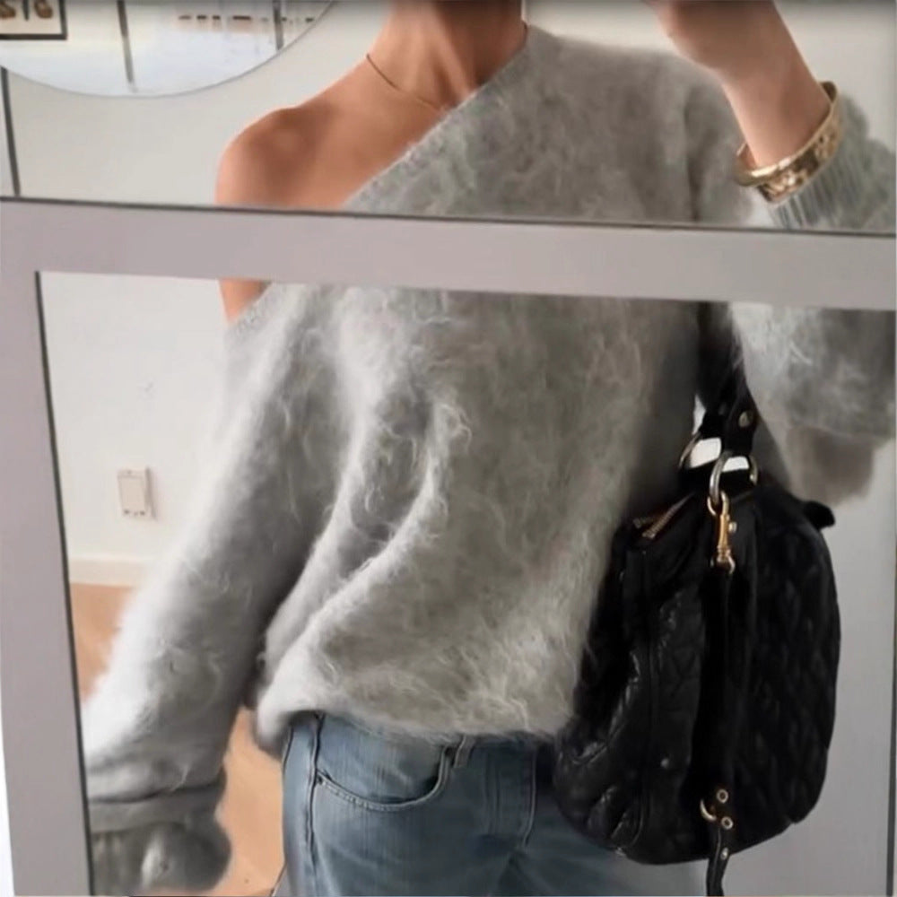 Damen Oversize Mohair-Blend Off-Shoulder Pullover mit Ballonärmeln Nord Taschen