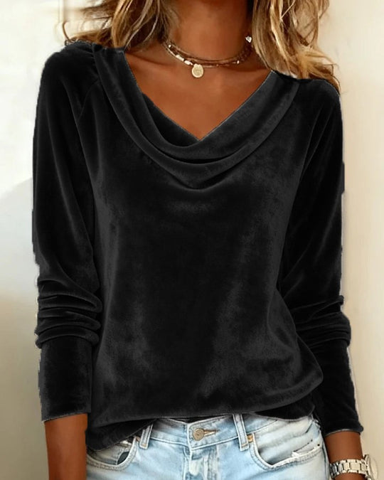 Damen Samt-Longsleeve mit Wasserfallkragen und legerem Schnitt Nord Taschen