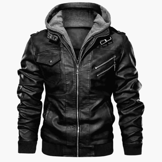 Herren Kapuzen-Lederjacke im Biker-Stil mit Stehkragen, Rippbündchen und multiplen Reißverschlusstaschen Nord Taschen