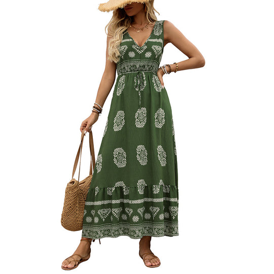 Damen Maxikleid mit V-Ausschnitt, tailliertem Bindegürtel und gestuftem Volant Saum Nord Taschen