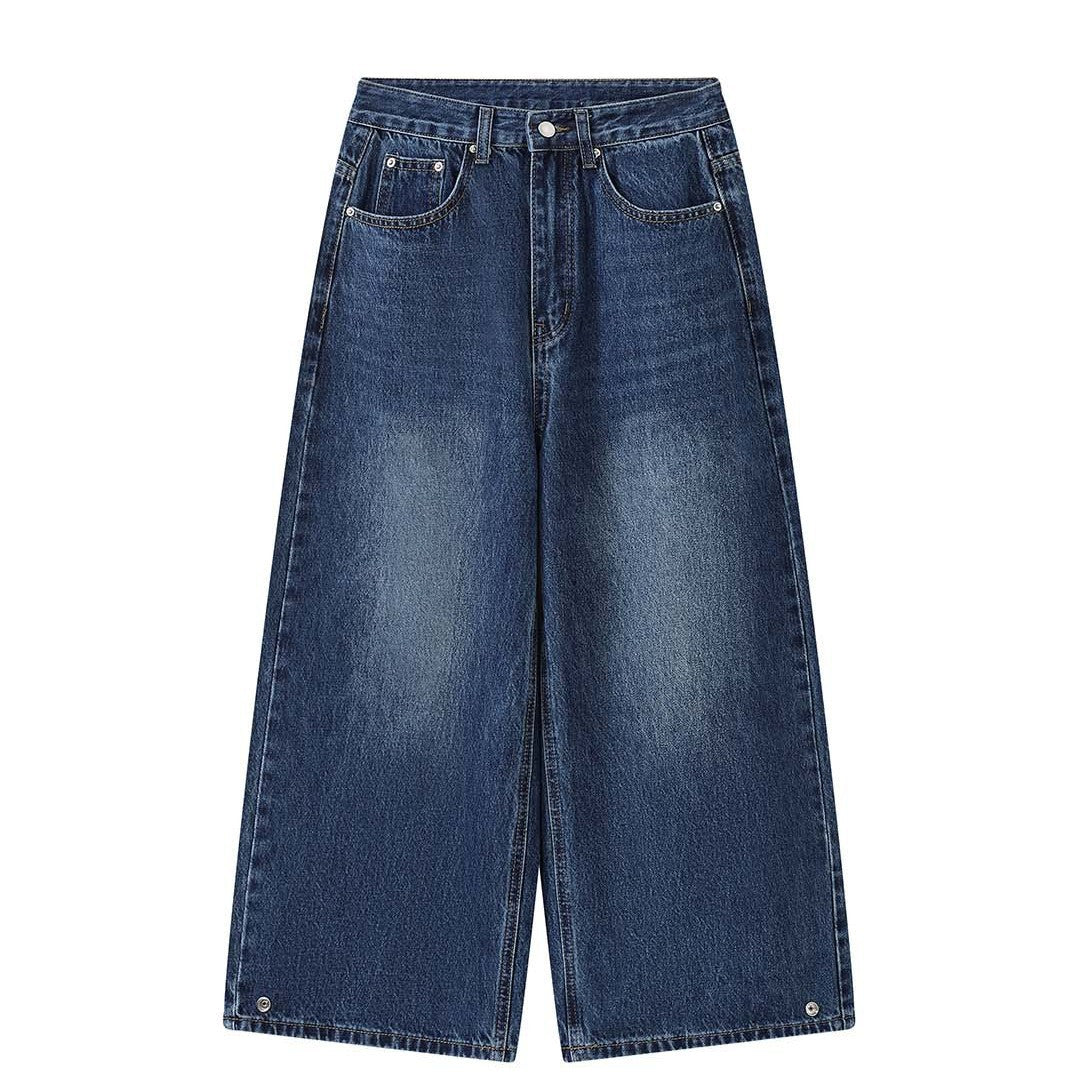 Damen Weite High‑Waist Denim-Baggyhose mit Druckknopfsaum Nord Taschen