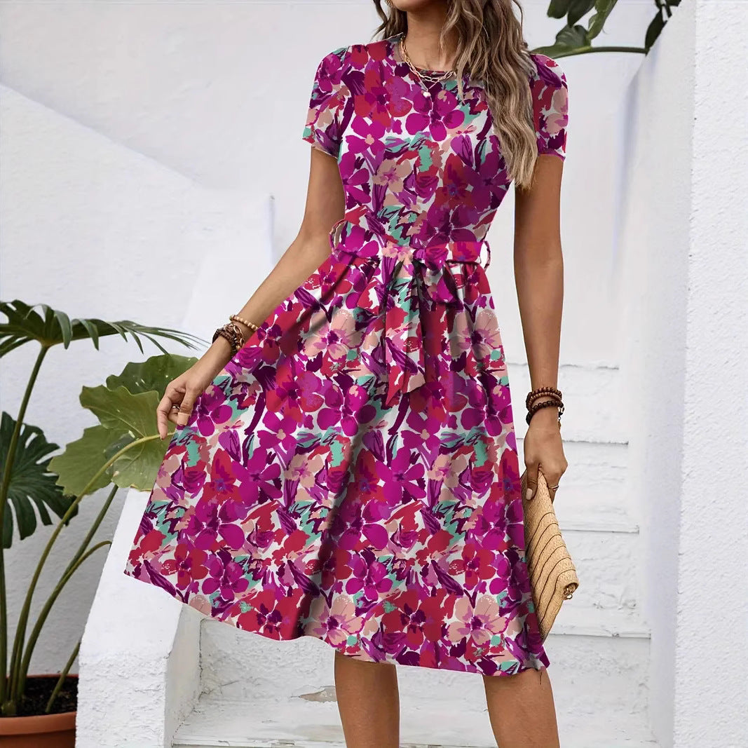 Damen Elegantes Midikleid mit floralem Design und Taillengürtel Nord Taschen