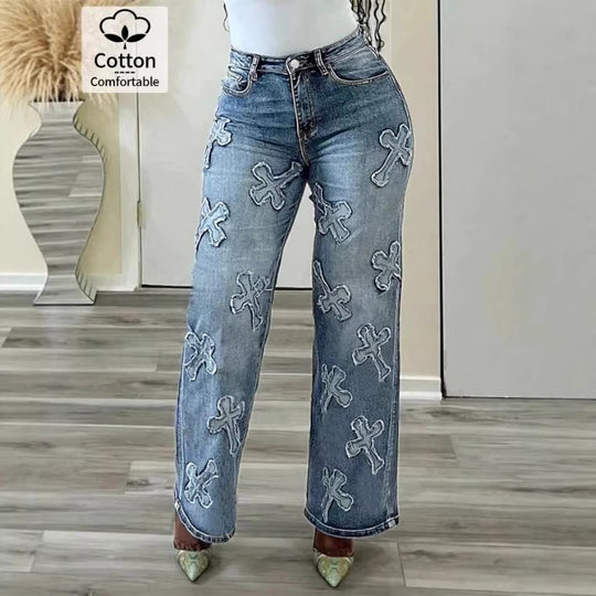 Damen Hochtaillierte gerade geschnittene Jeanshose mit Kreuzapplikationen aus Baumwoll-Jeansstoff Nord Taschen