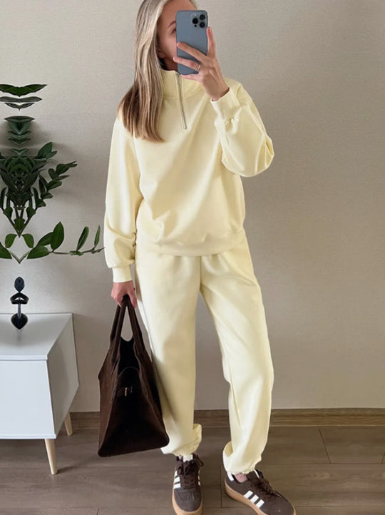 Damen Sweatset mit Halbreißverschluss, oversized Pullover und hochtaillierter weit geschnittener Jogginghose Nord Taschen