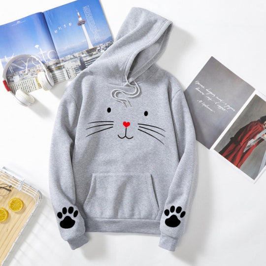 Damen nan Kapuzenpullover mit gedrucktem Katzenmotiv, Kängurutasche und Pfotenapplikationen Nord Taschen