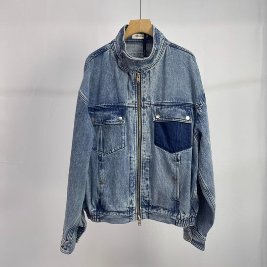 Herren Relaxed Denim-Utility-Jacke mit Stehkragen und kontrastierter Brusttasche Nord Taschen
