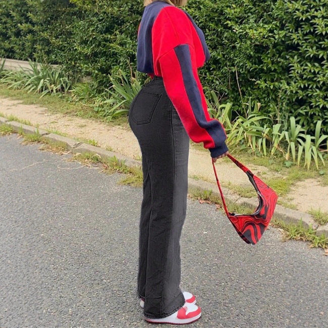 Damen hochtaillierte geradlinige Denim-Hose mit formendem Taillenbund und längerem Bein Nord Taschen