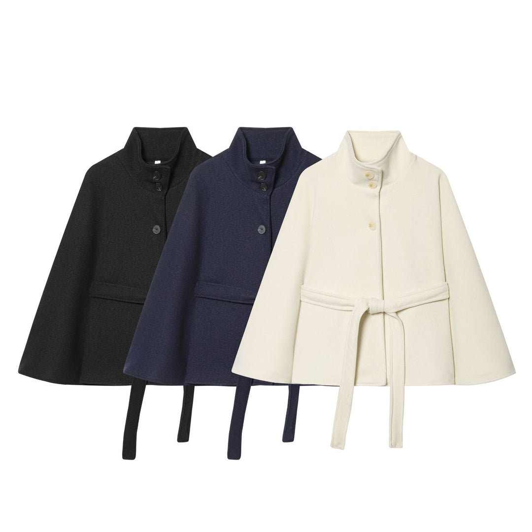 Damen Kurzes Cape-Mantel mit Stehkragen, Knopfleiste und Bindegürtel Nord Taschen