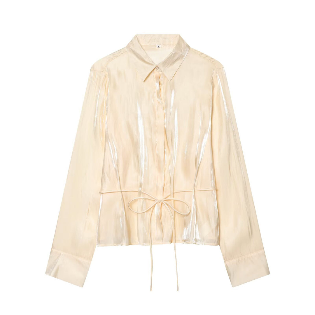 Damen Leichter Satin-Blouson im Crop-Schnitt mit Hemdkragen und Tunnelzug-Detail Nord Taschen