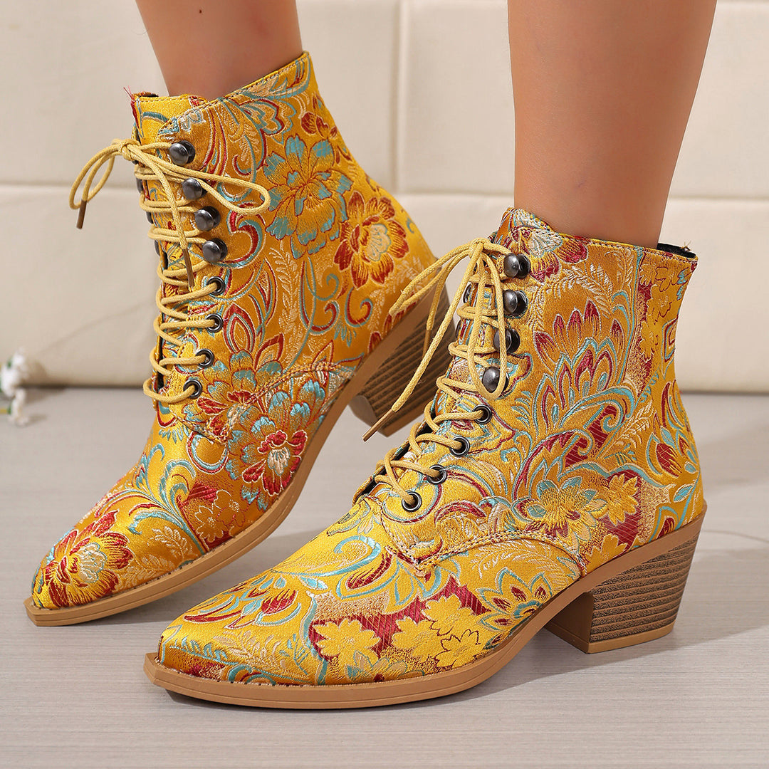 Damen nan bestickte Schnür-Stiefelette mit Jacquard-Brokatmuster und niedrigem Blockabsatz Nord Taschen